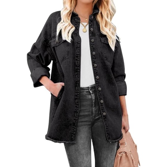 black distressed denim oversized boyfriend destroyed jacket - Picture 2 of 7
